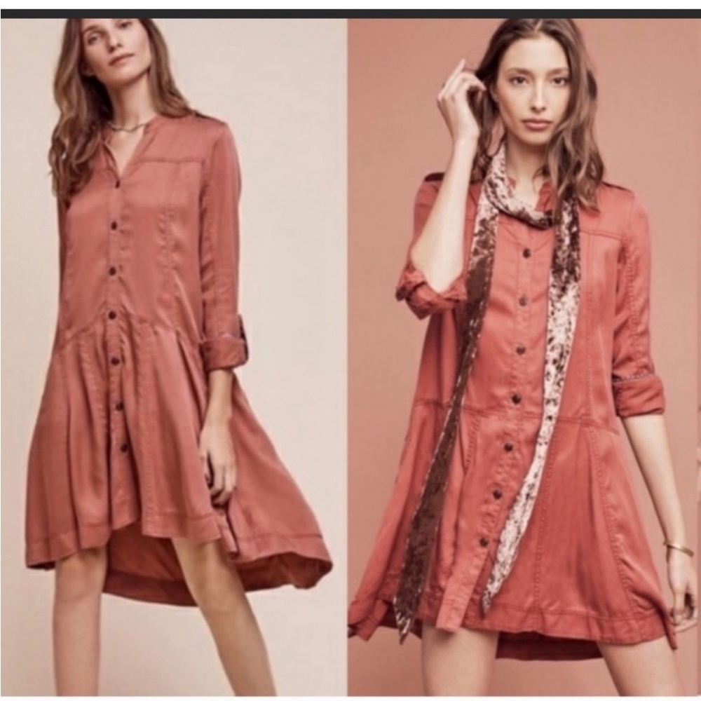Anthropologie Holding‎ Horses Mariona Shirt Dress Dusty Rose Lyocell Size 8